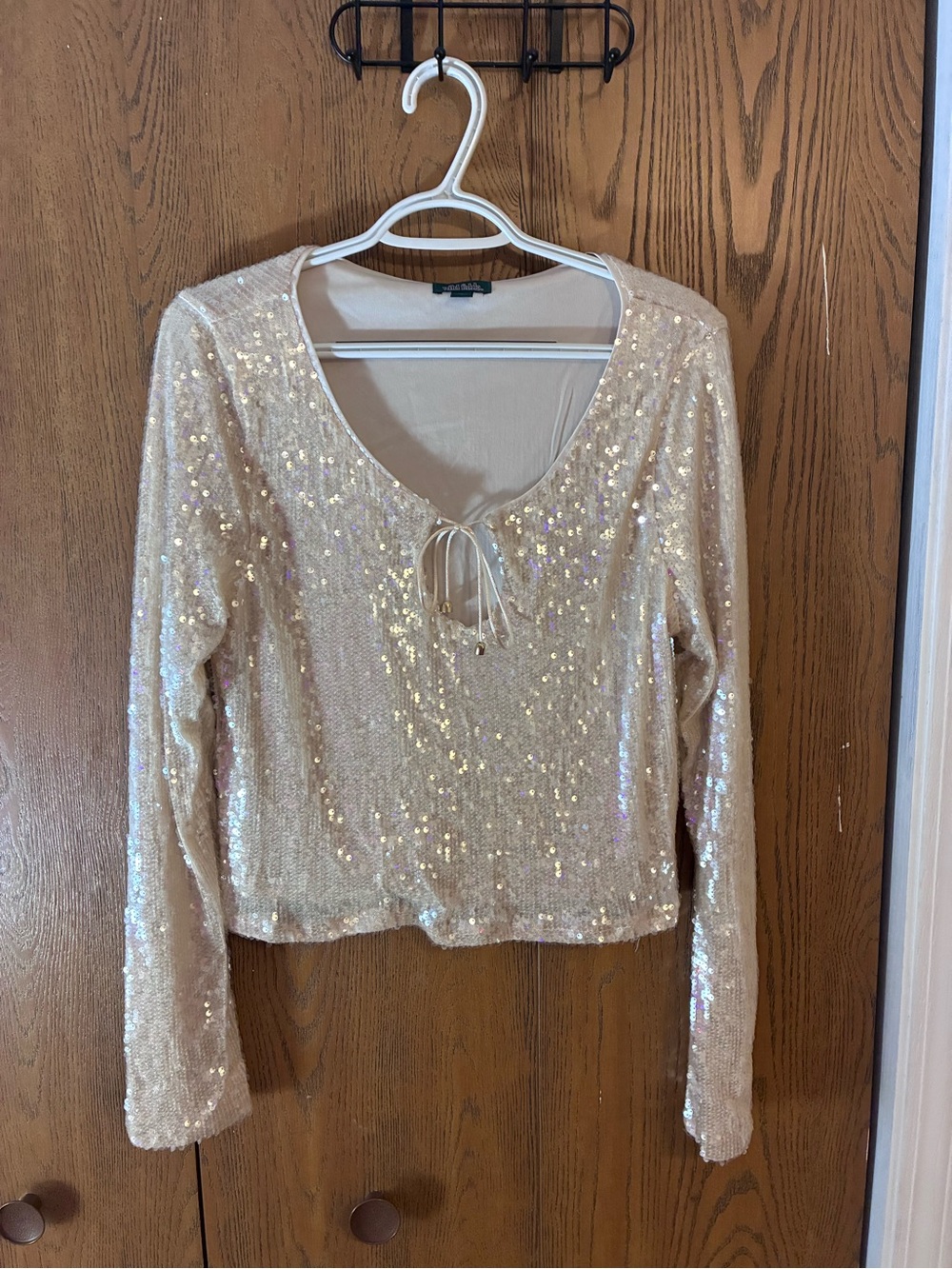 Wild Fable Champagne Sequin Long Sleeve Tie Front Party Top Women's Large